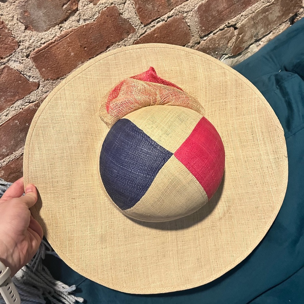 Vintage Colorblock Brimmed Ivory Pink Blue Linen Hat